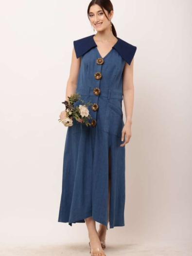 maxi-length A-line denim dress