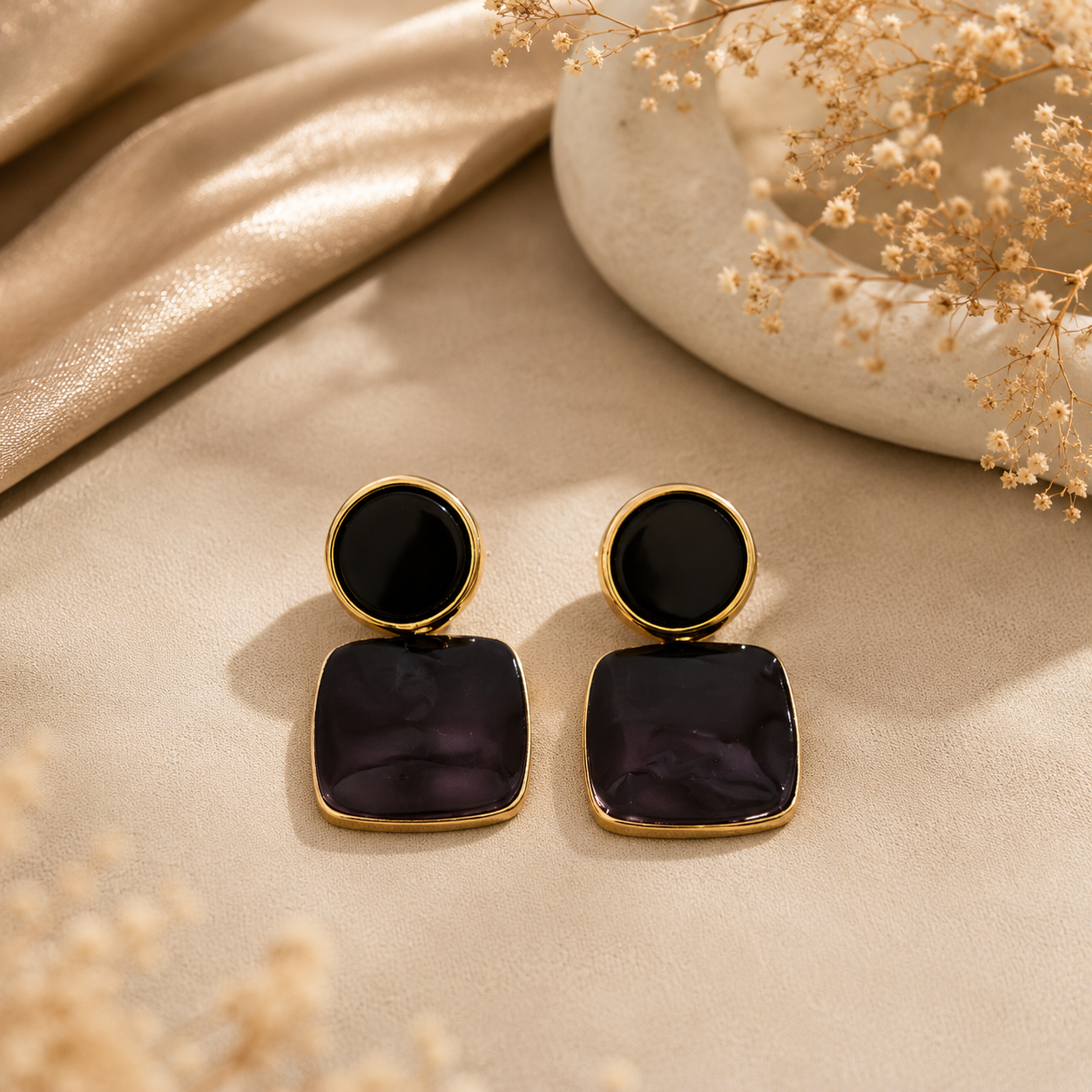 Black & Deep Violet Drop Earrings