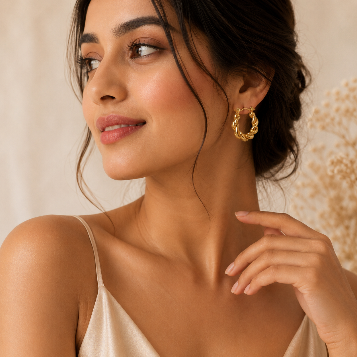 Twisted Croissant Golden Hoop Earrings - Image 2
