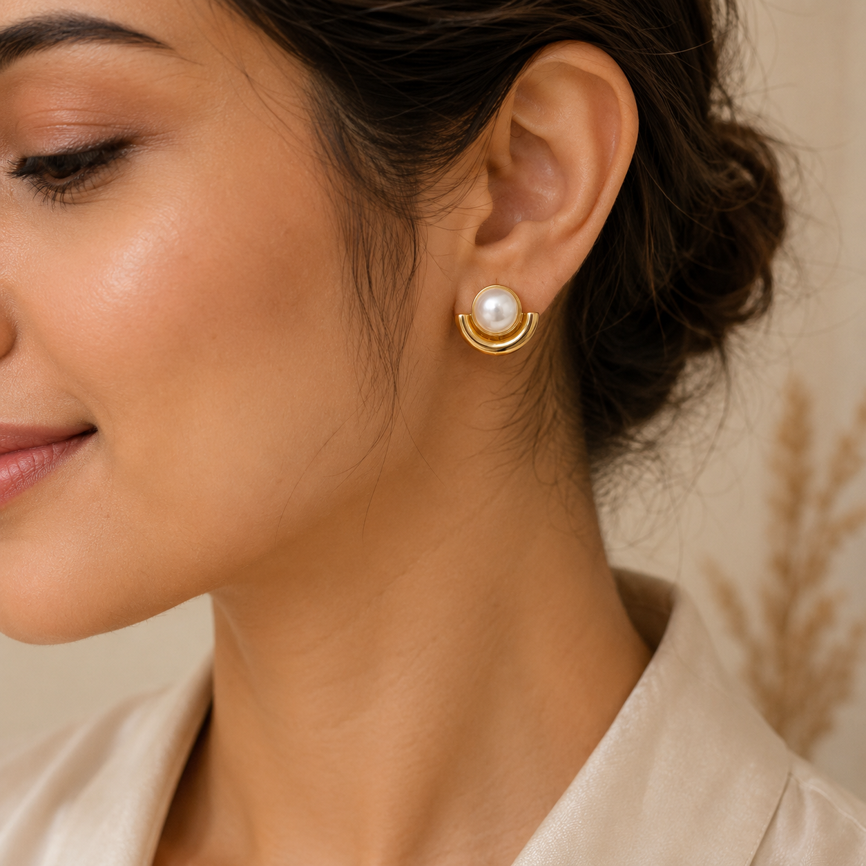 Elegant Pearl Gold Stud Earrings - Image 3